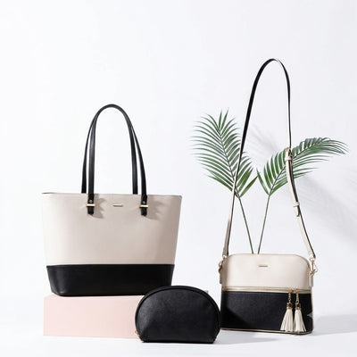 Stylish Women's 3-Piece Handbag Set – Tote Bag, Crossbody Bag & Cosmetic Pouch (Black & White)