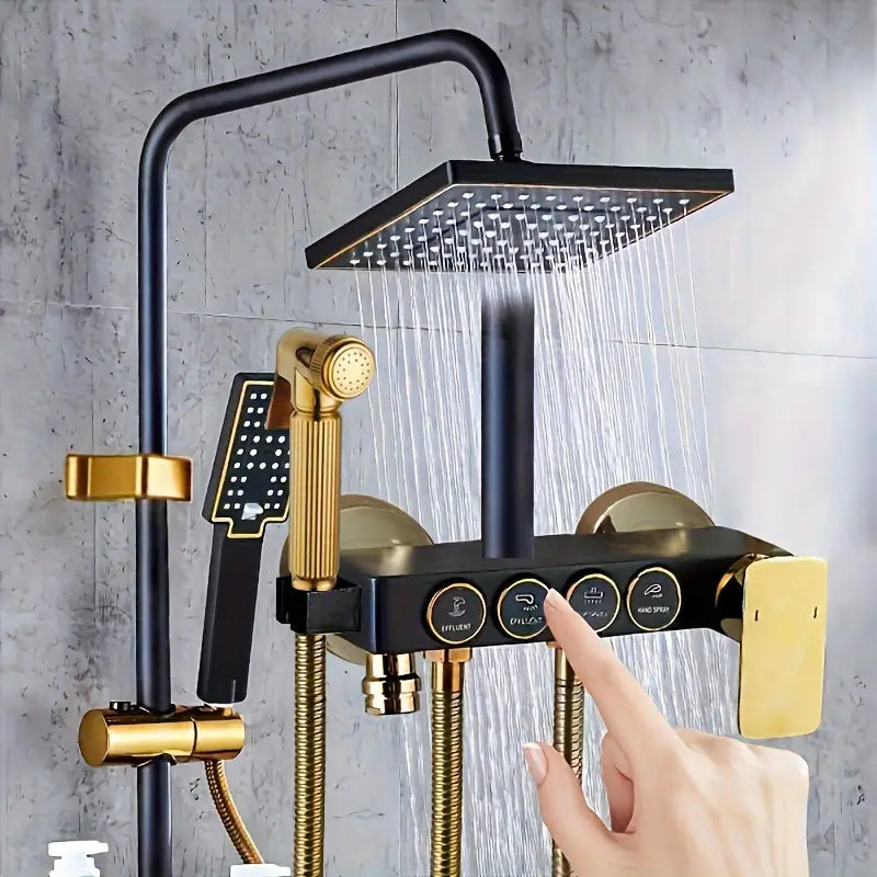 MHome Black & Gold Modern Shower System – 20.3 cm Rain Showerhead, Handheld & Tub Faucet