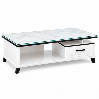 MFurn Modern White Coffee Table with Storage Drawer, 120cm