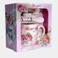Gift Cup Decorated with Roses With Saucer and Ceramic Spoon