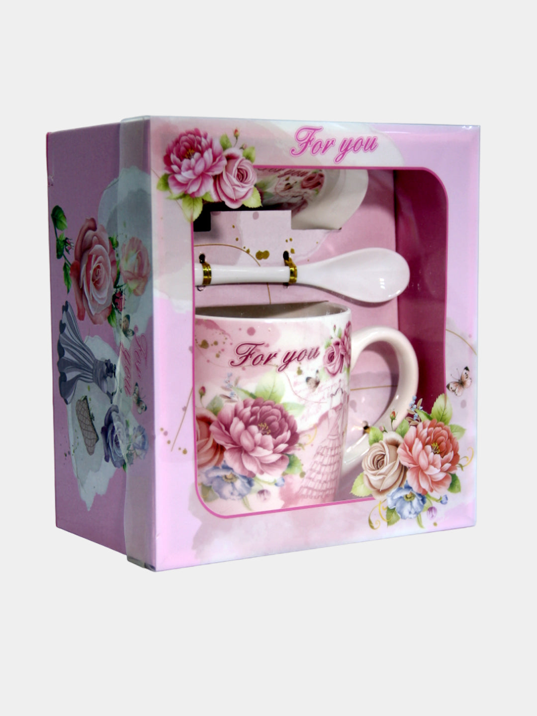 Gift Cup Decorated with Roses With Saucer and Ceramic Spoon