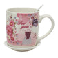 Gift Cup Decorated with Roses With Saucer and Ceramic Spoon