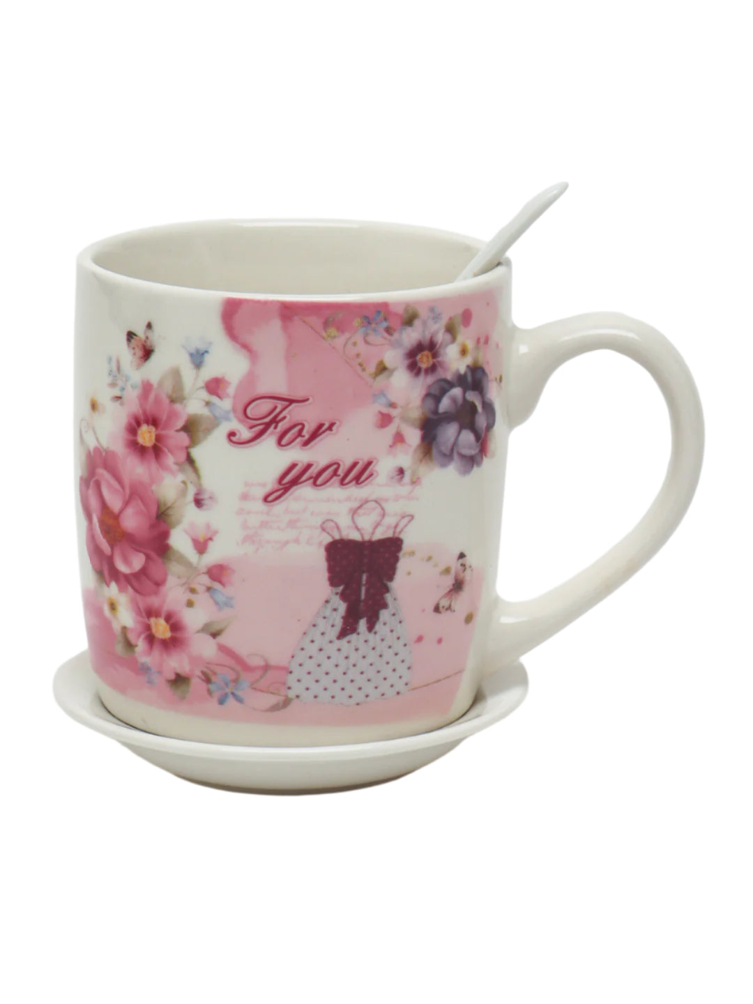 Gift Cup Decorated with Roses With Saucer and Ceramic Spoon