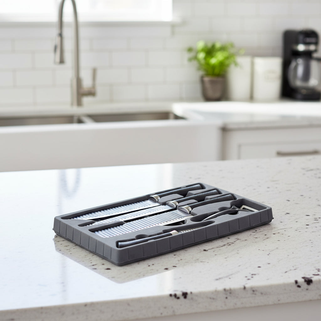 Set of kitchen knives in a gray case with Everhealth packaging in the background
