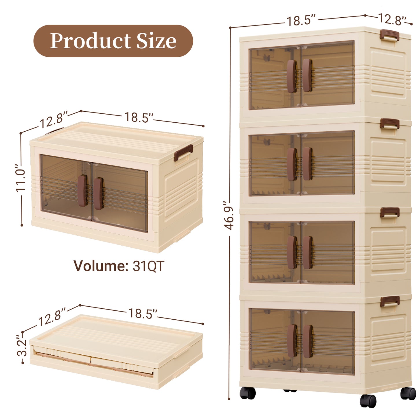 MHome 4-Tier Collapsible Storage Bins with Magnetic Doors - Plastic Folding Storage Cabinet with Wheels