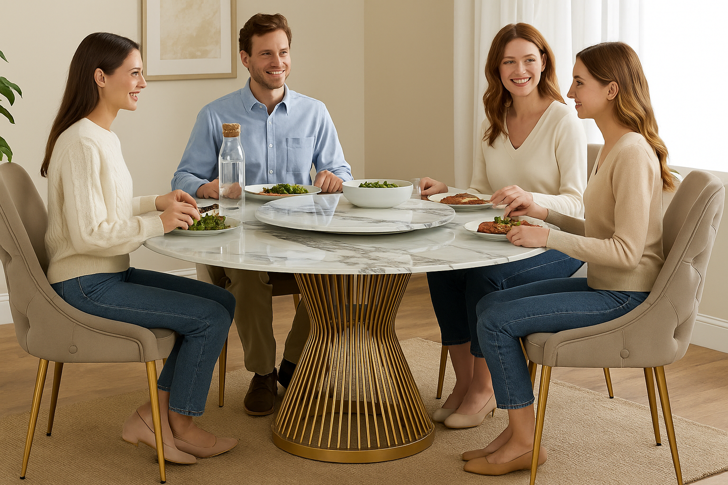 MFurn 6-Seater Marble Top Dining Table Set with Velvet Chairs and Gold Legs