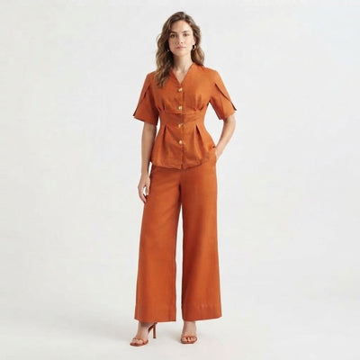 Women’s Button Front Wide Leg 2 Piece Set – Short Sleeve Top & Pants