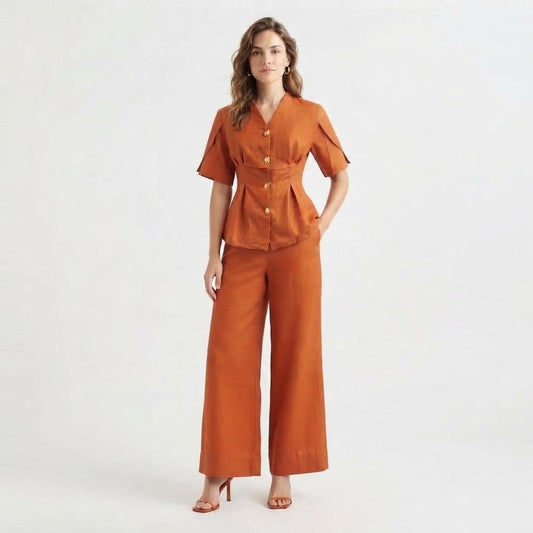 Women’s Button Front Wide Leg 2 Piece Set – Short Sleeve Top & Pants