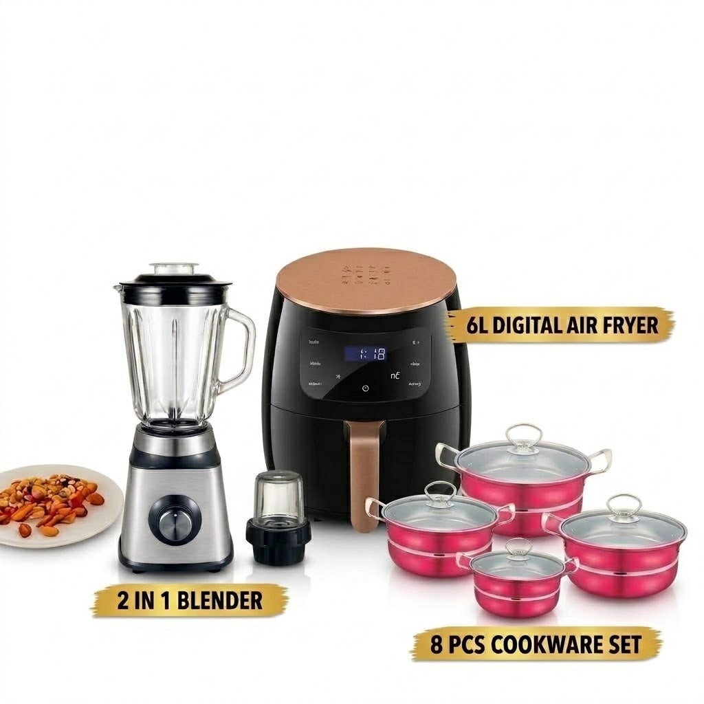 Ultimate 3-in-1 Kitchen Combo Set (6L Digital Air Fryer + 2-in-1 Blender & Ice Crusher + 8-Piece Metallic Pink Cookware Set)