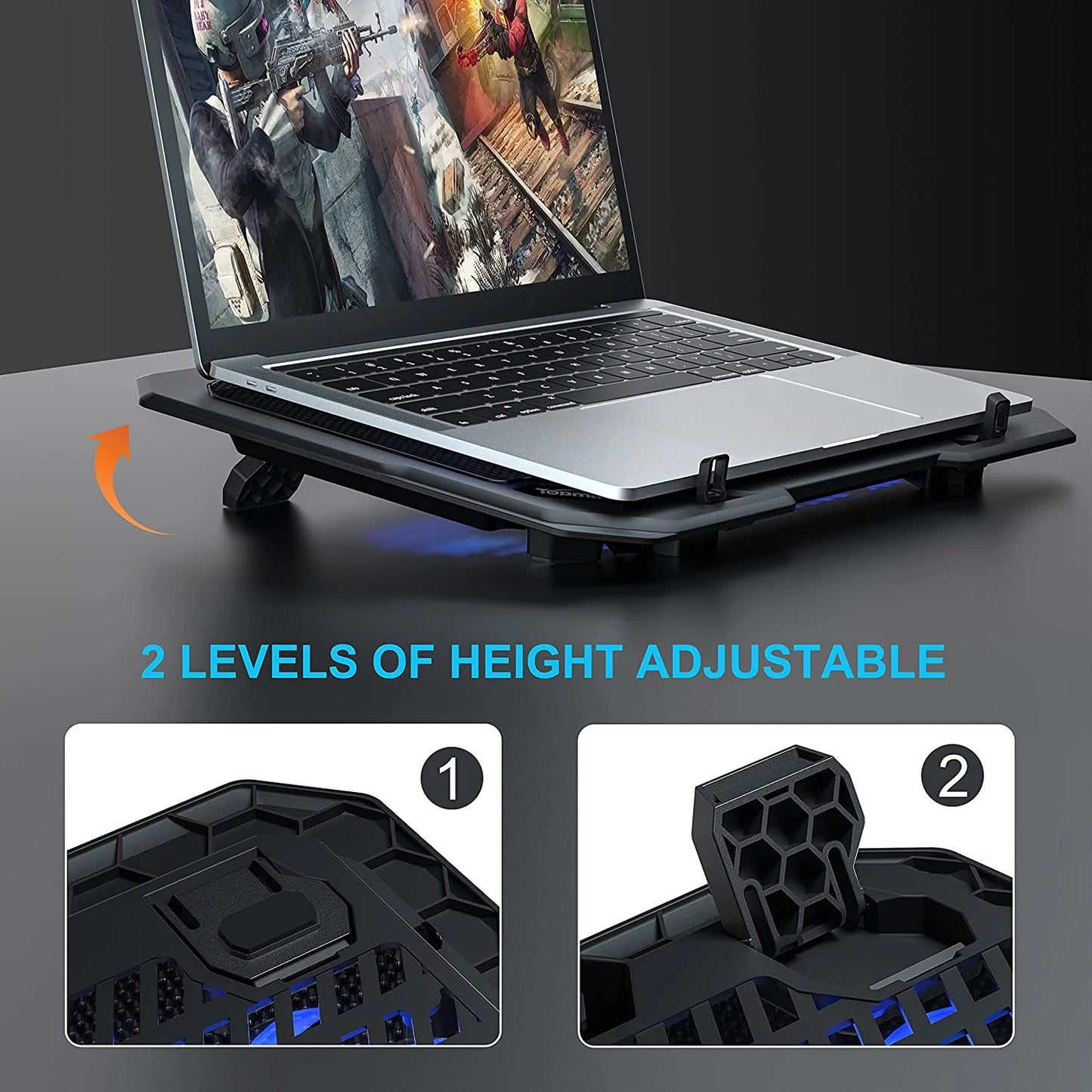 MTech Laptop Fan Cooler – High-Speed Cooling Pad With Adjustable Height, LED Lights, USB Powered, Quiet Operation