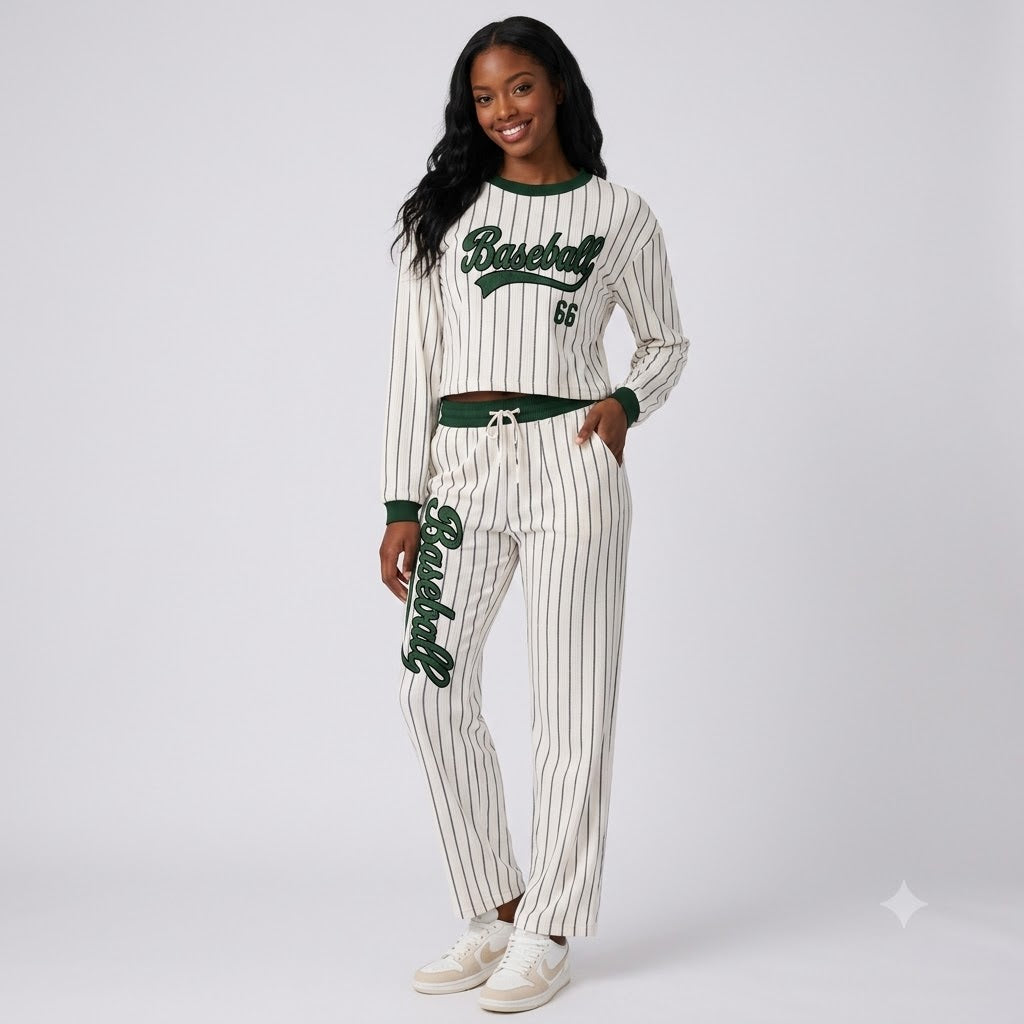 Women's Pinstripe Baseball Crop Top & Lounge Pants Set