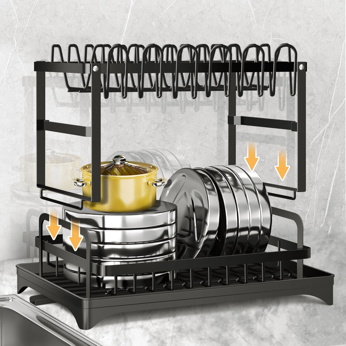 MHOME 2 Tier Dish Drainer Black Stainless Steel with Cup & Utensil Holders