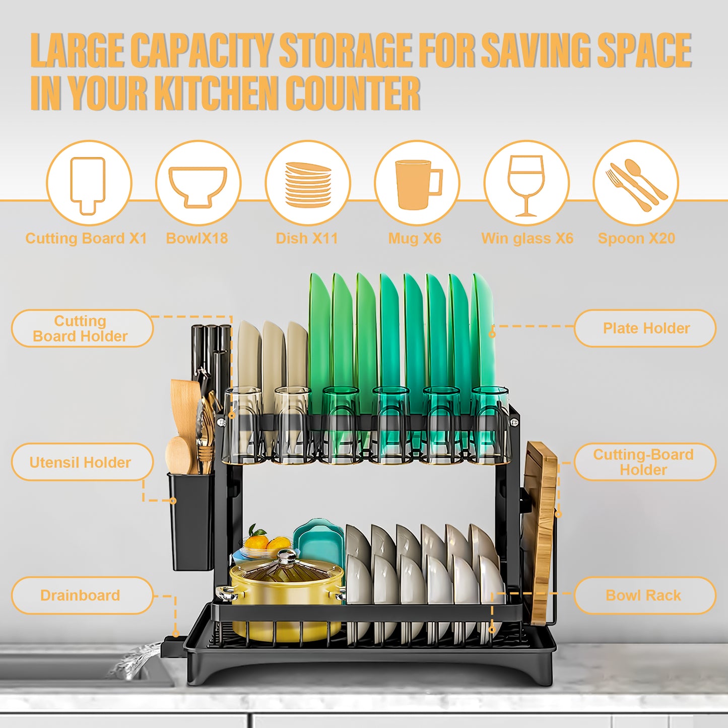 MHOME 2 Tier Dish Drainer Black Stainless Steel with Cup & Utensil Holders