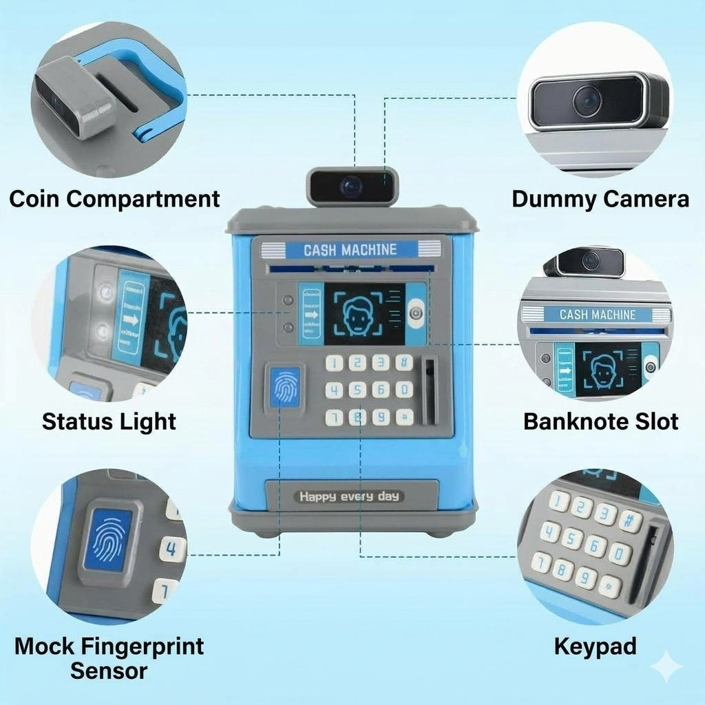 Electronic Money Box for Kids, Password and Fingerprint Simulation Toy ATM
