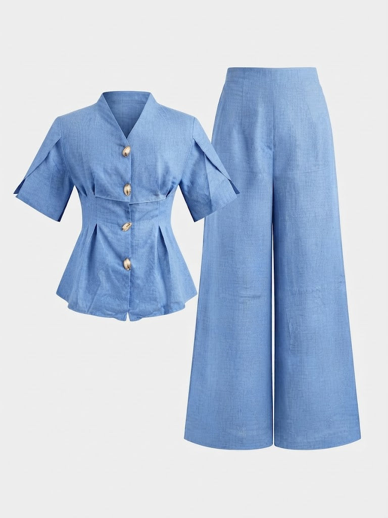 Women’s Button Front Wide Leg 2 Piece Set – Short Sleeve Top & Pants