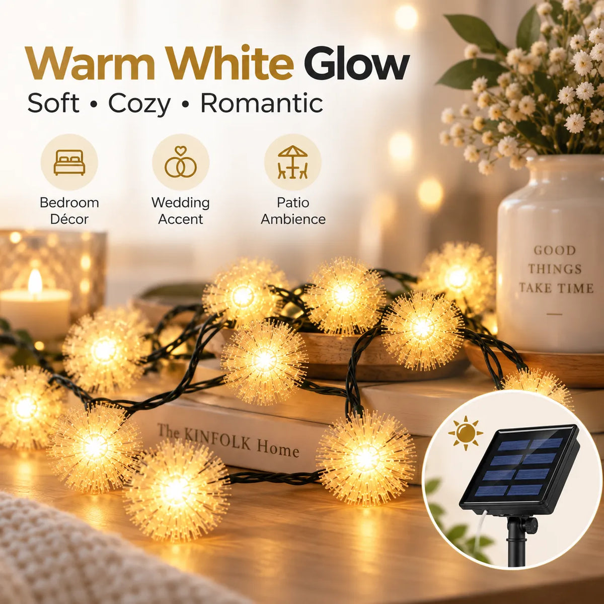 Solar Fur Pom-Pom String Lights, 5m with 20 LEDs, Multicolour Outdoor Decoration