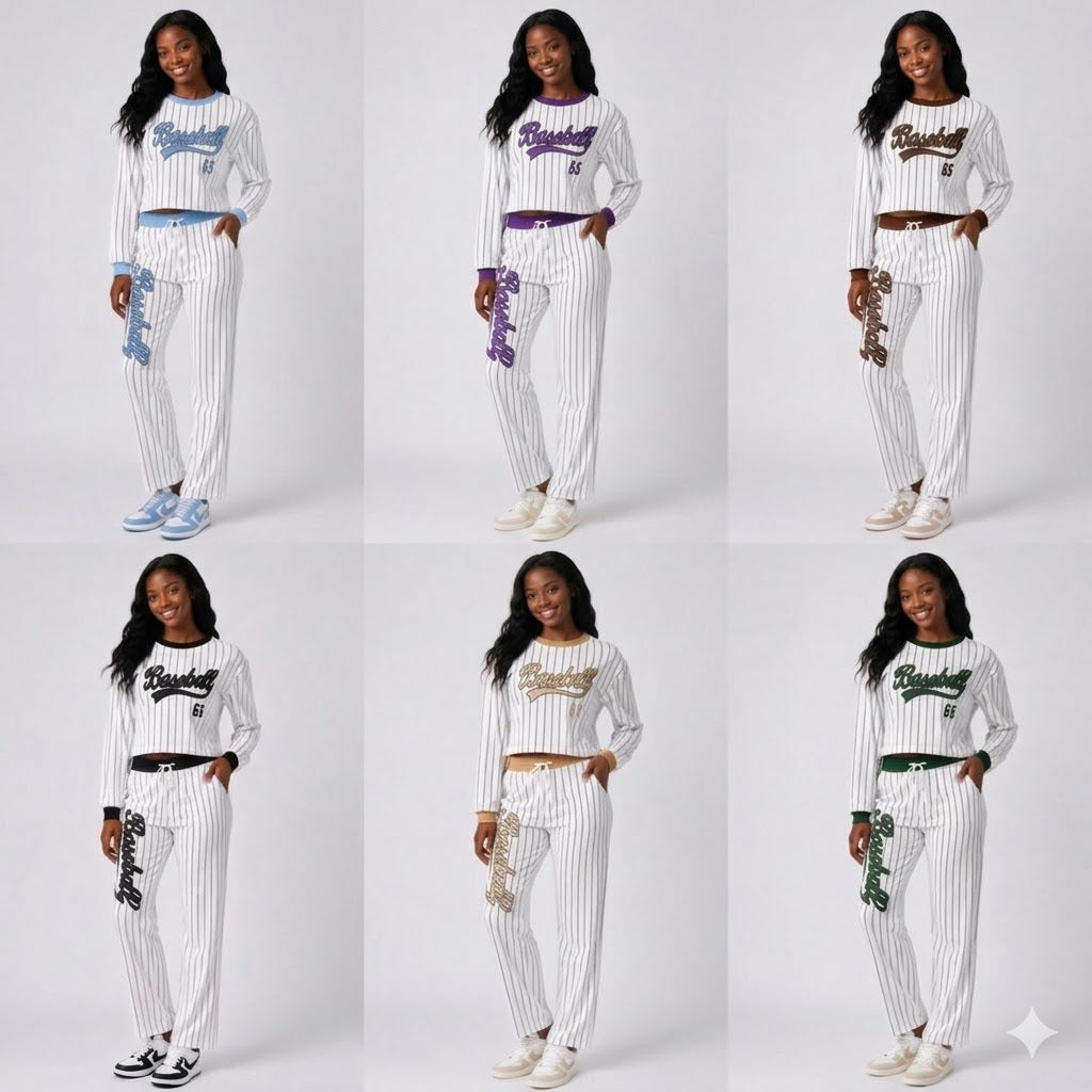 Women's Pinstripe Baseball Crop Top & Lounge Pants Set