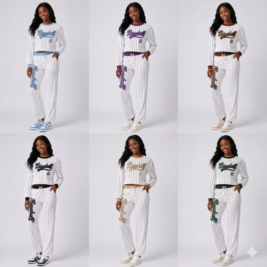 Women's Pinstripe Baseball Crop Top & Lounge Pants Set
