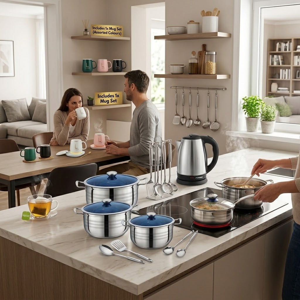 Ultimate Kitchen Essentials Combo (Fussion 1.8L Stainless Steel Kettle + Condere 14-Piece Cookware Set + Smart Ceramic Heating Mug Set)