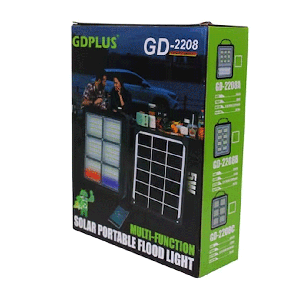 Solar Projector GD Plus 2208 SMD With 200 LEDs 300W Battery 14000 mAh 4 Types Of Lighting Waterproof Phone Charging LED Battery Indicator Handle Hook