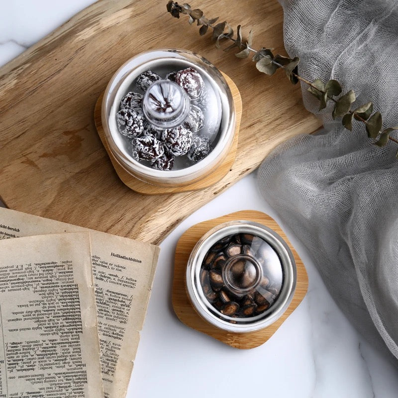 New ceramic dessert bowl snack dish taste fruit salad ice cream bowl pudding cup with bamboo tray glass cover creative tableware 3pc