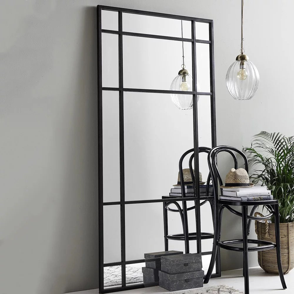 MFurn Grid Floor Mirror: Large Black Metal Frame Full-Length Leaning Mirror, 180 x 100 cm