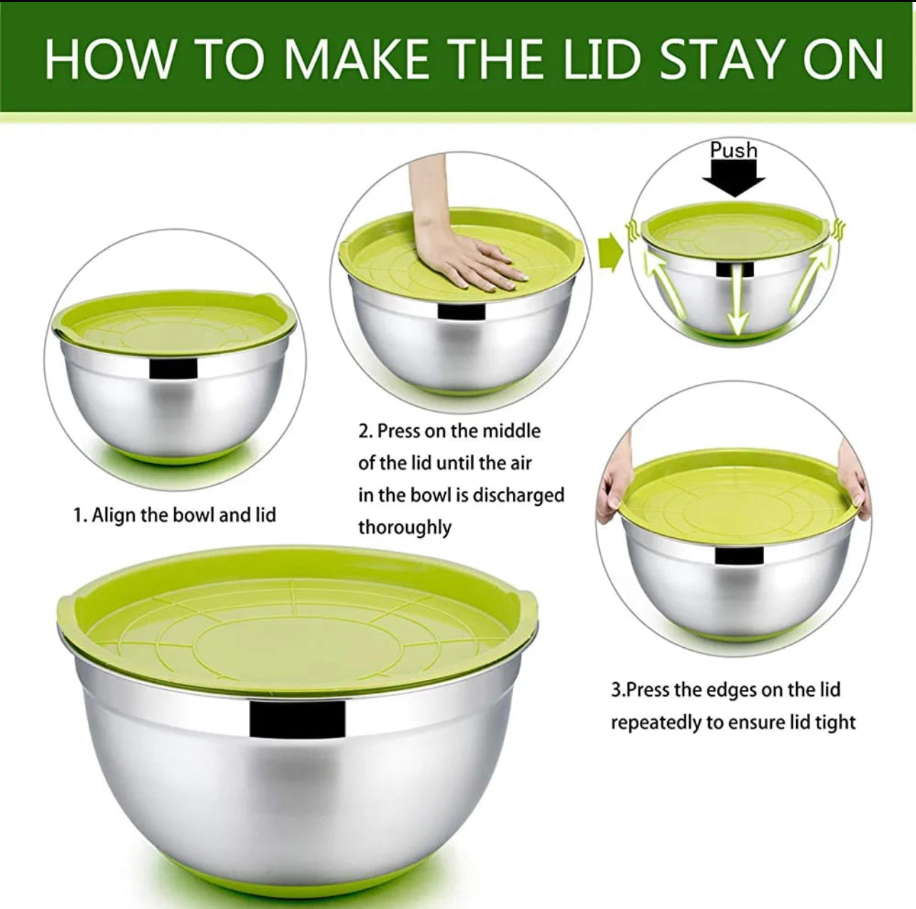 MHome 5-Piece Stainless Steel Salad Bowl Set with Covers & Silicone Bottoms