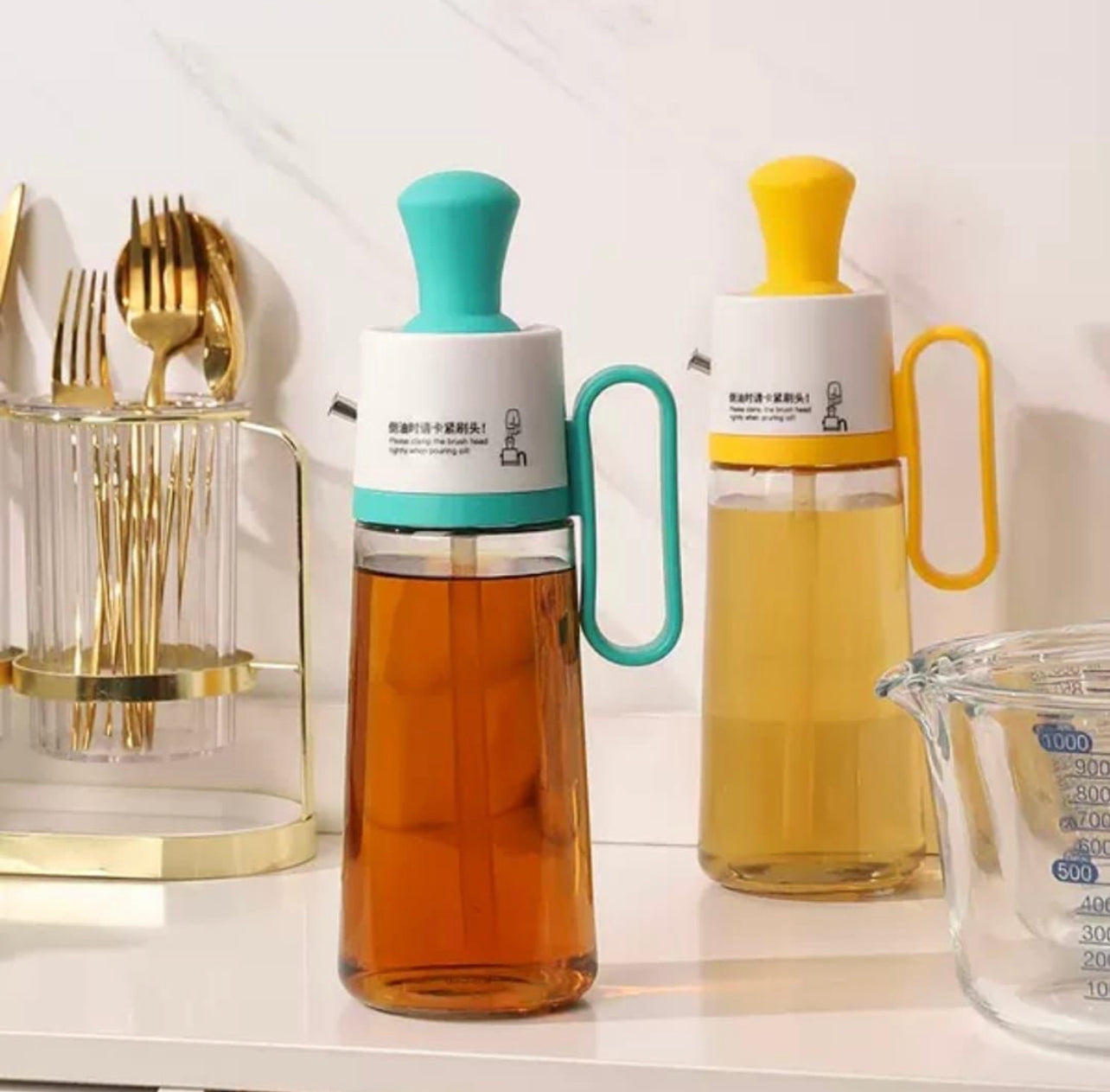 Oil Dispenser With Brush, Glass Olive Oil Bottle With Silicone Dropper