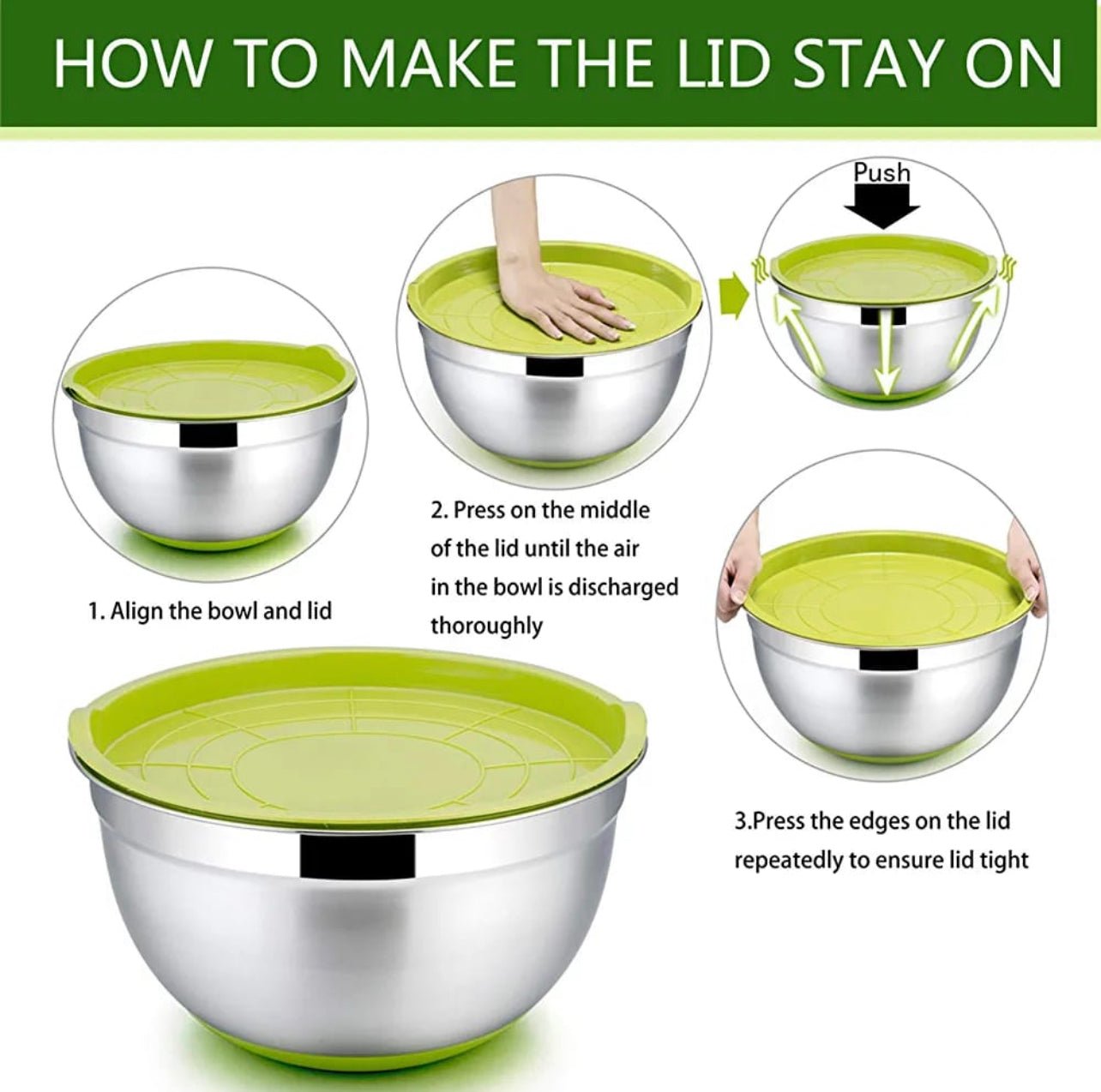 MHome 5-Piece Stainless Steel Salad Bowl Set with Covers & Silicone Bottoms