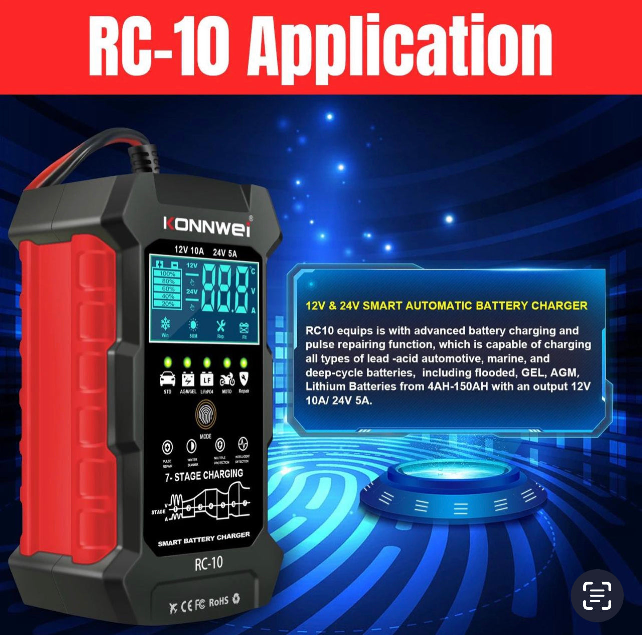 KONNWEI RC-10 2 inch Car Battery Charger Battery Pulse Repair Tool, Plug Type:EU Plug