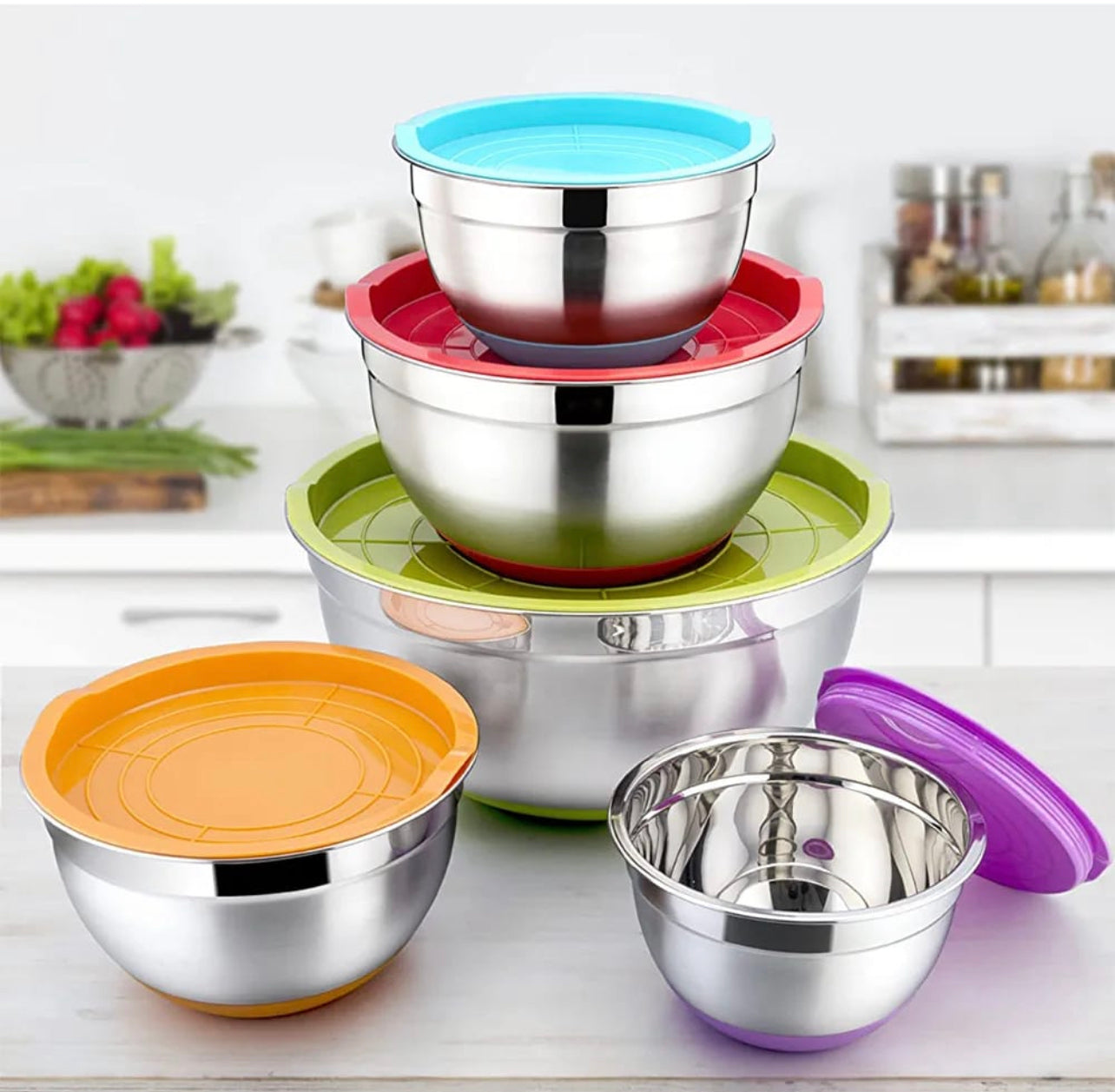 MHome 5-Piece Stainless Steel Salad Bowl Set with Covers & Silicone Bottoms