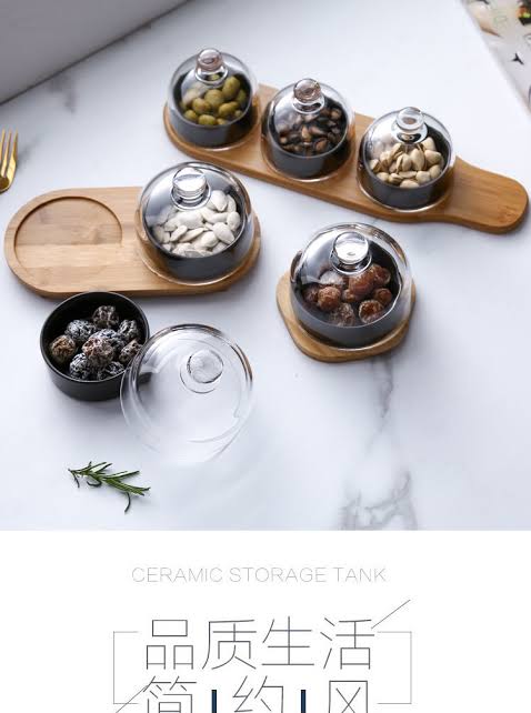 New ceramic dessert bowl snack dish taste fruit salad ice cream bowl pudding cup with bamboo tray glass cover creative tableware 3pc