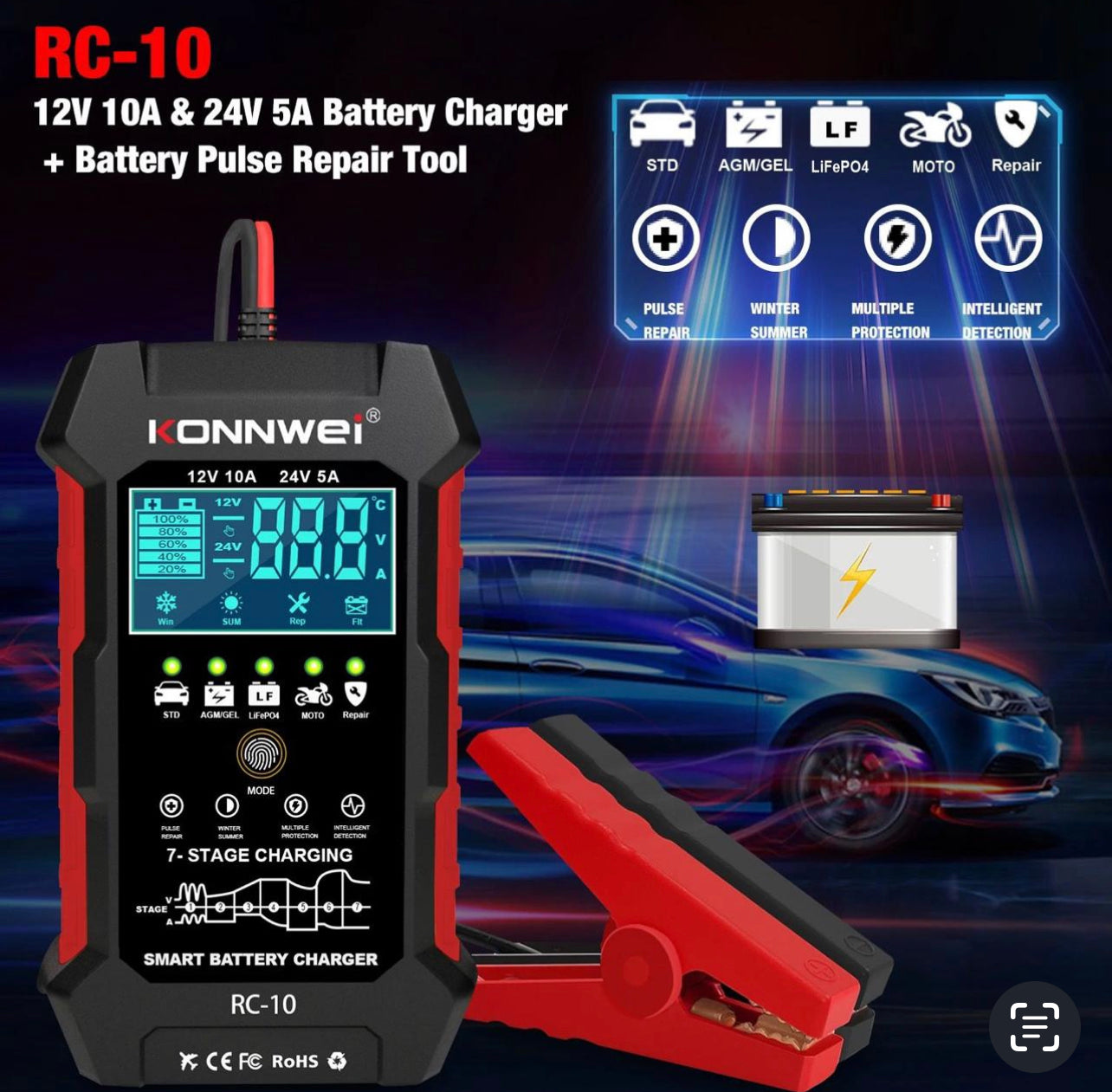 KONNWEI RC-10 2 inch Car Battery Charger Battery Pulse Repair Tool, Plug Type:EU Plug