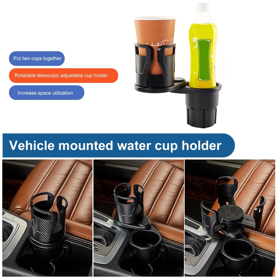 Car Cup Holder Expander Adapter, 2 in 1 Multifunctional 2 Cup Mount Extender Sturdy Cupholder with 360° Rotating Adjustable Base