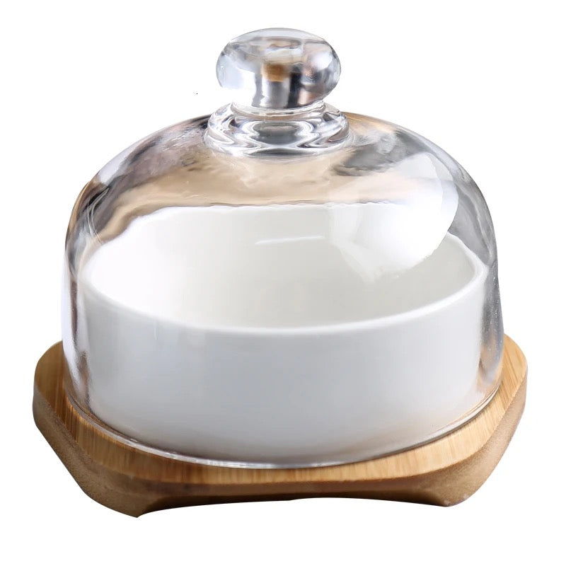 New ceramic dessert bowl snack dish taste fruit salad ice cream bowl pudding cup with bamboo tray glass cover creative tableware 3pc