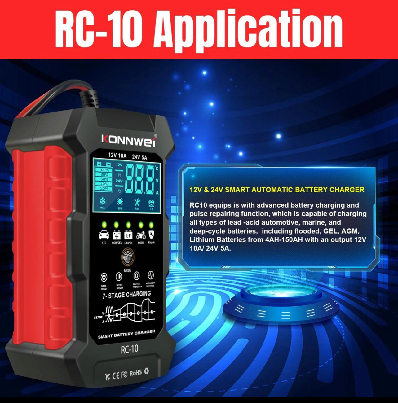 KONNWEI RC-10 2 inch Car Battery Charger Battery Pulse Repair Tool, Plug Type:EU Plug