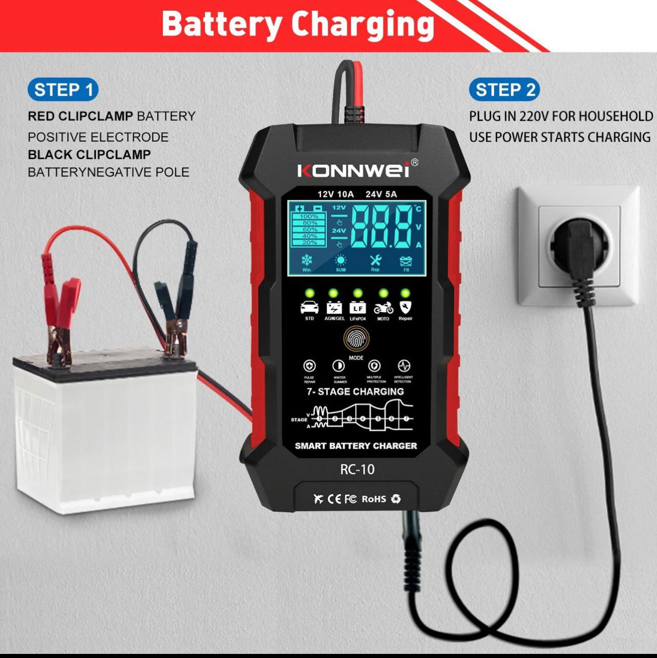 KONNWEI RC-10 2 inch Car Battery Charger Battery Pulse Repair Tool, Plug Type:EU Plug
