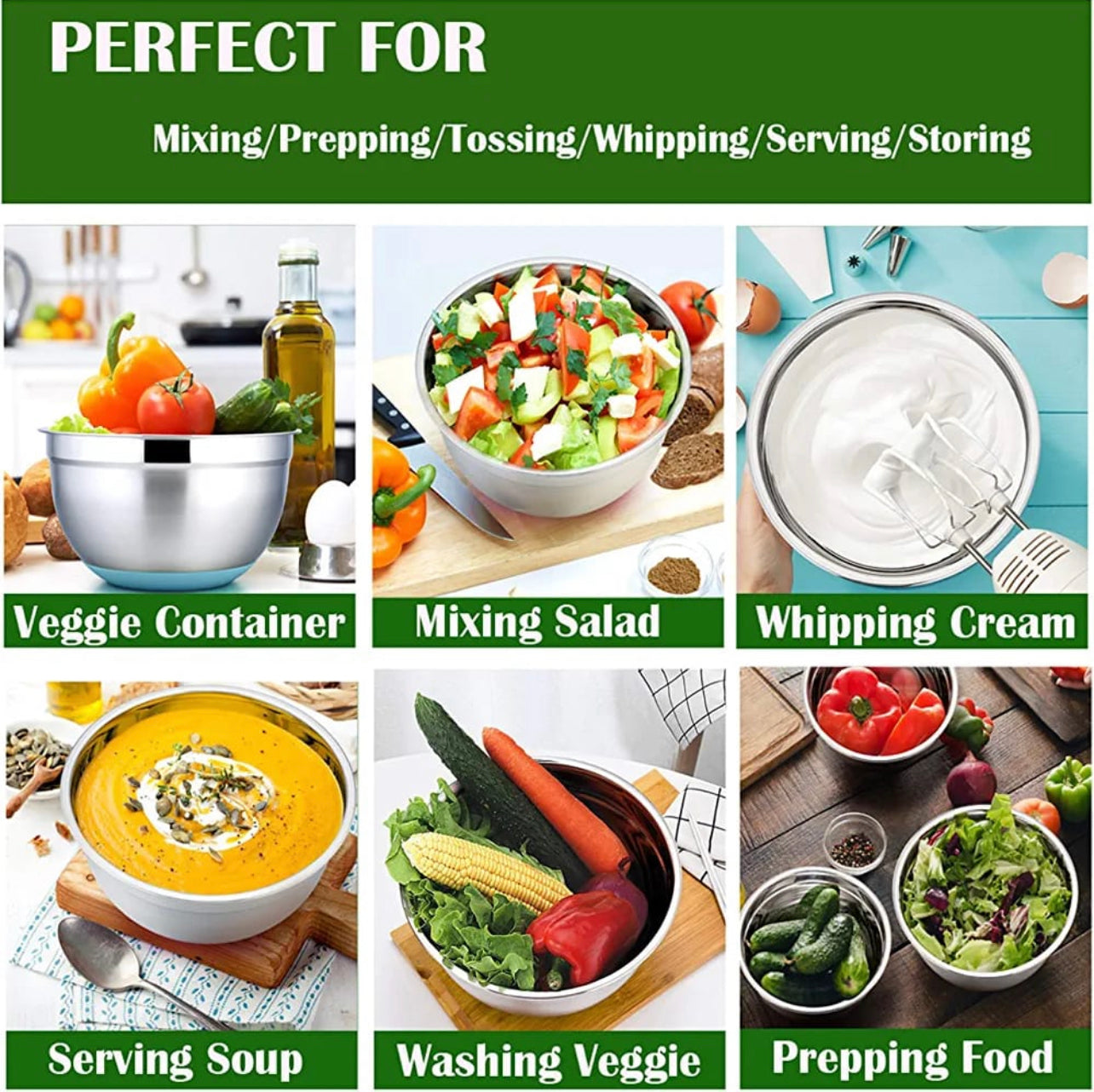 MHome 5-Piece Stainless Steel Salad Bowl Set with Covers & Silicone Bottoms
