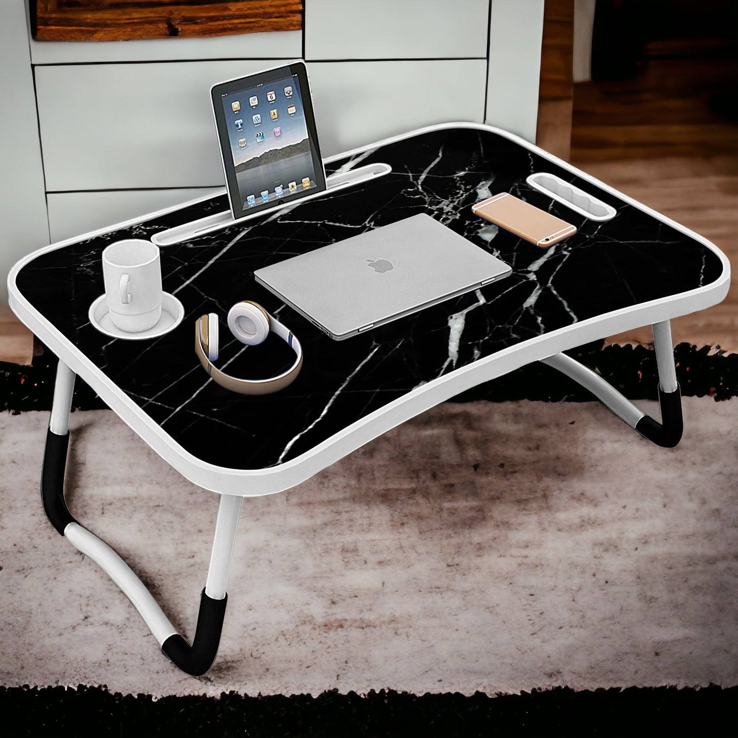 Trendy Foldable Laptop Table with Tablet Holder, Cup Holder, 4 USB Ports, 1 USB Light, 1 x Micro USB