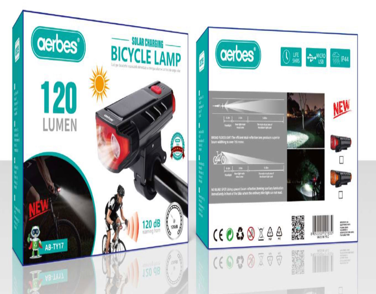 Dual Light Source Solar Powered Horn Bicycle Light 120l