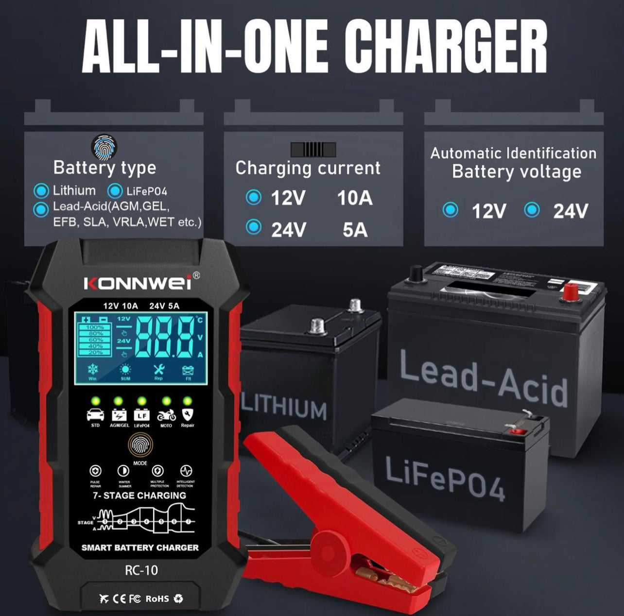 KONNWEI RC-10 2 inch Car Battery Charger Battery Pulse Repair Tool, Plug Type:EU Plug