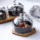 New ceramic dessert bowl snack dish taste fruit salad ice cream bowl pudding cup with bamboo tray glass cover creative tableware 3pc