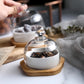 New ceramic dessert bowl snack dish taste fruit salad ice cream bowl pudding cup with bamboo tray glass cover creative tableware 3pc