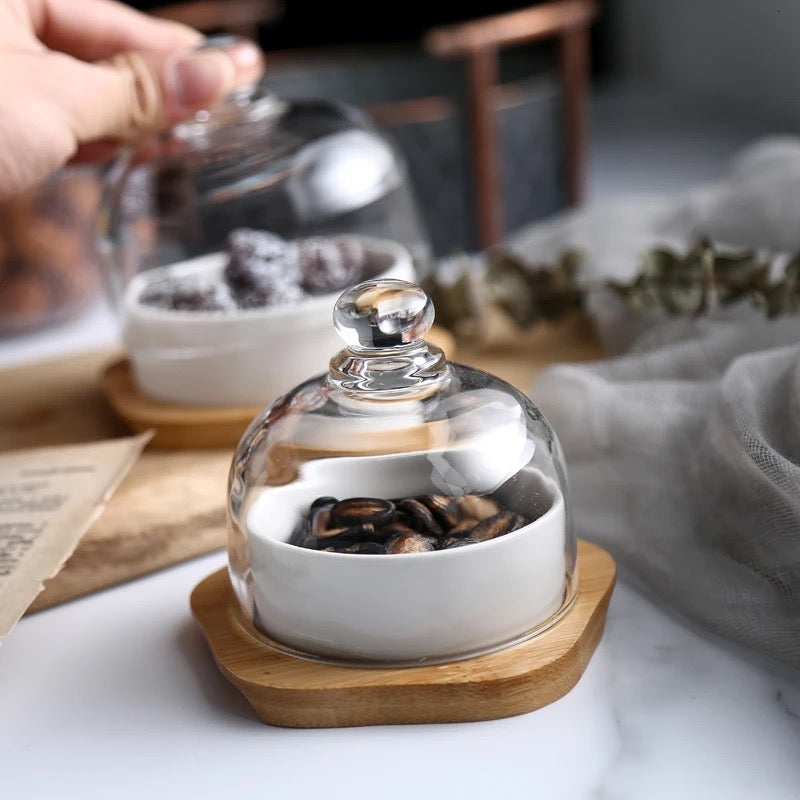 New ceramic dessert bowl snack dish taste fruit salad ice cream bowl pudding cup with bamboo tray glass cover creative tableware 3pc