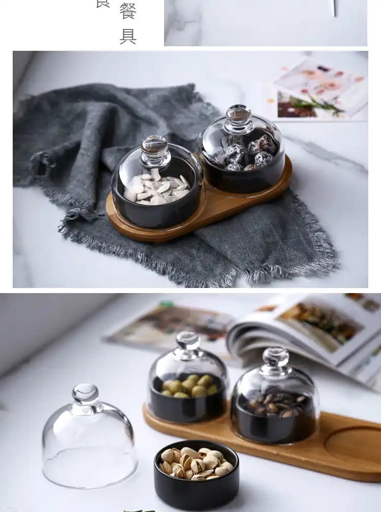 New ceramic dessert bowl snack dish taste fruit salad ice cream bowl pudding cup with bamboo tray glass cover creative tableware 3pc