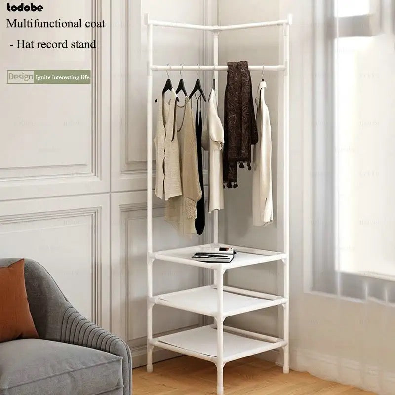 Corner Coat Rack – Freestanding Metal Wardrobe with Shelves for Bedroom, Entryway & Laundry Room