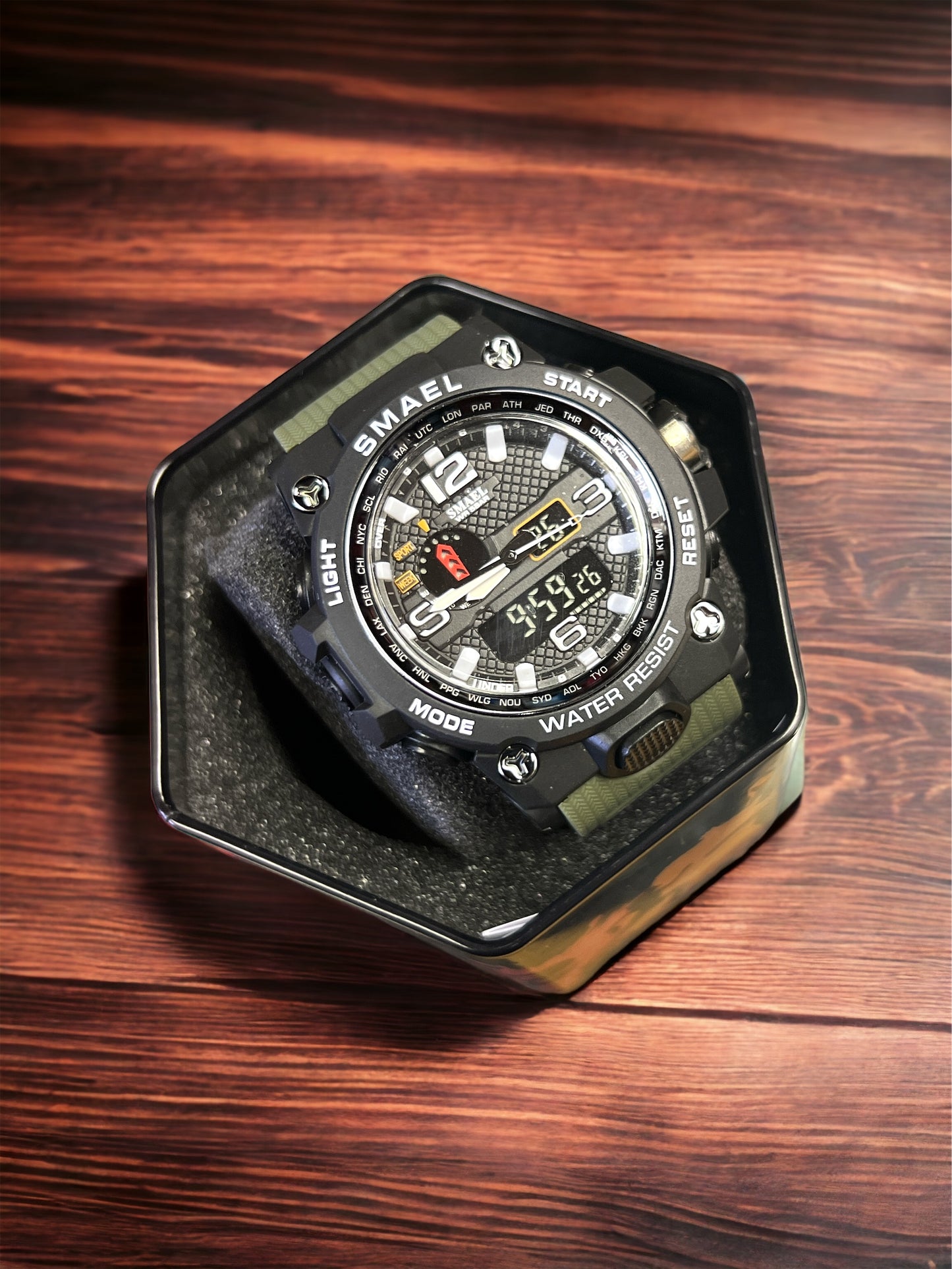 SMAEL Men Millitary GREEN Sport Watch | 50m | Waterproof | Analog & Digital Sport Watch | Multifunction Dual Time Display Casual Male Chronograph Quartz Business Wrist Watch | PU Strap