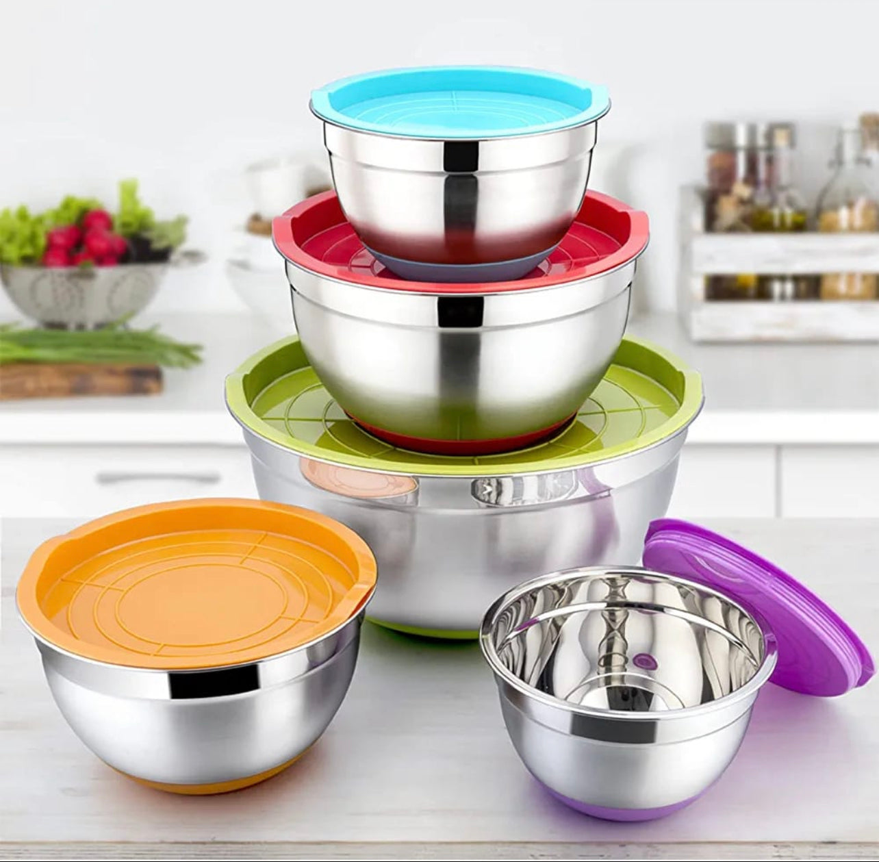 MHome 5-Piece Stainless Steel Salad Bowl Set with Covers & Silicone Bottoms