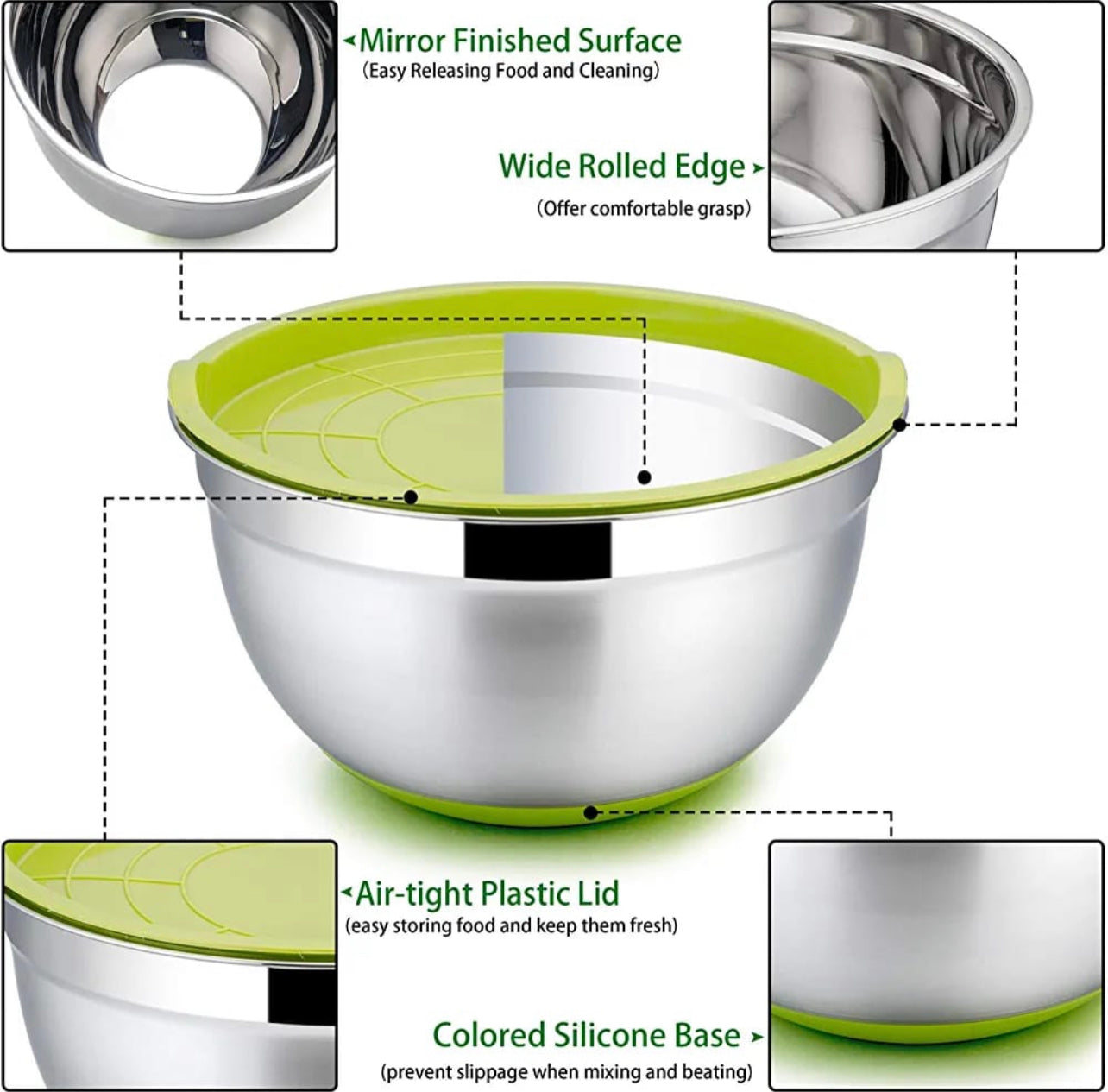 MHome 5-Piece Stainless Steel Salad Bowl Set with Covers & Silicone Bottoms