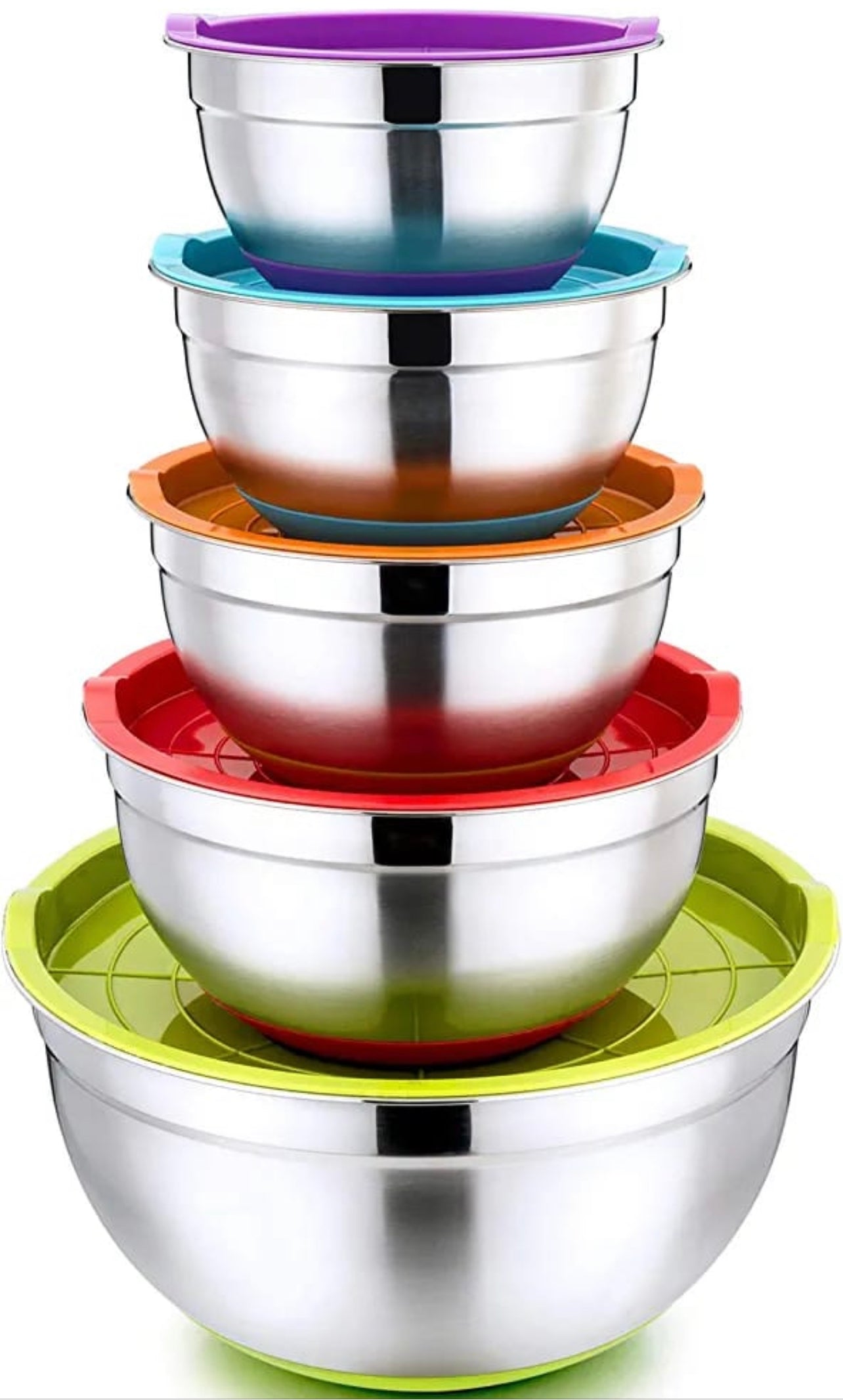 MHome 5-Piece Stainless Steel Salad Bowl Set with Covers & Silicone Bottoms